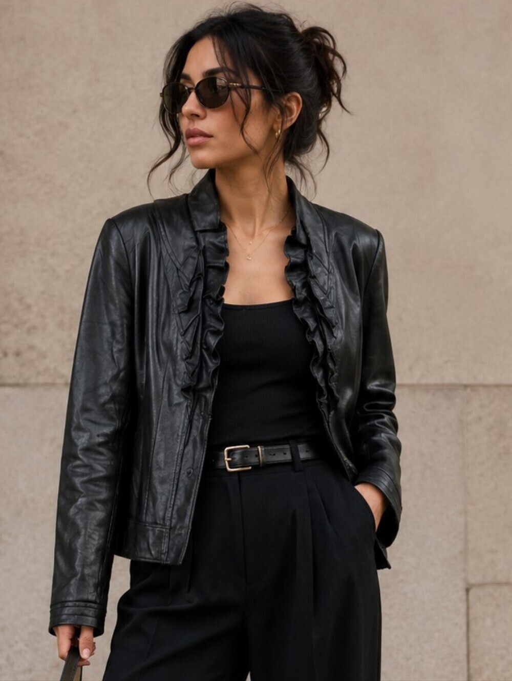 Tahari | Elegant Black Ruffled Women's Leather Jacket, Ptp 19 1/2"